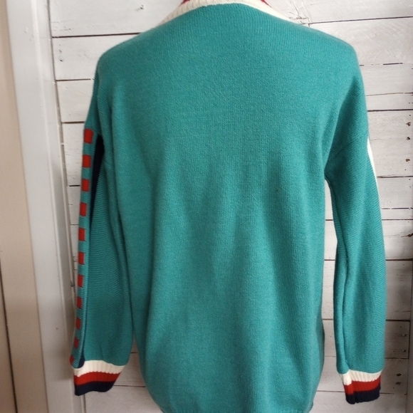 Stripe Sweater V Neck Women's Green Knit Long Sleeve Loose Casual Pullover Med - Picture 5 of 11